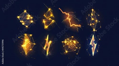 A set of geometric lighting voltage bolts featuring white and yellow lighting storm low poly triangleshaped electric bolts representing various energy icons and graphic logos photo