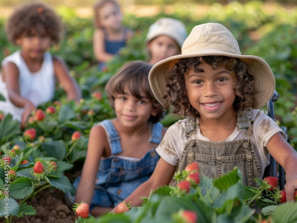 Cheerful Multiracial Children Picking Strawberries on Organic Farm, Including Boy in Wheelchair, Enjoying Sustainable Agriculture Cheerful Multiracial Children Picking Strawberries on Organic Farm, Including Boy in Wheelchair, Enjoying Sustainable Agriculture
