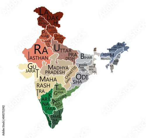 India map with province's name doodle freehand drawing.