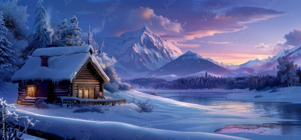 Fototapeta premium Wooden house in snow with mountains, rivers. Snowy peaks, flowing river. Realistic, HD, bright colors, soft lighting. Old man on porch, smoking, sunrise.