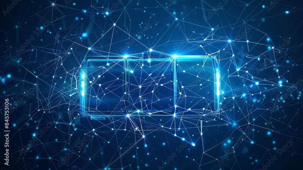 An abstract battery charging icon is crafted from lines and triangles with points connecting in a network on a blue background in a vector illustration An abstract battery charging icon is crafted from lines and triangles with points connecting in a network on a blue background in a vector illustration
