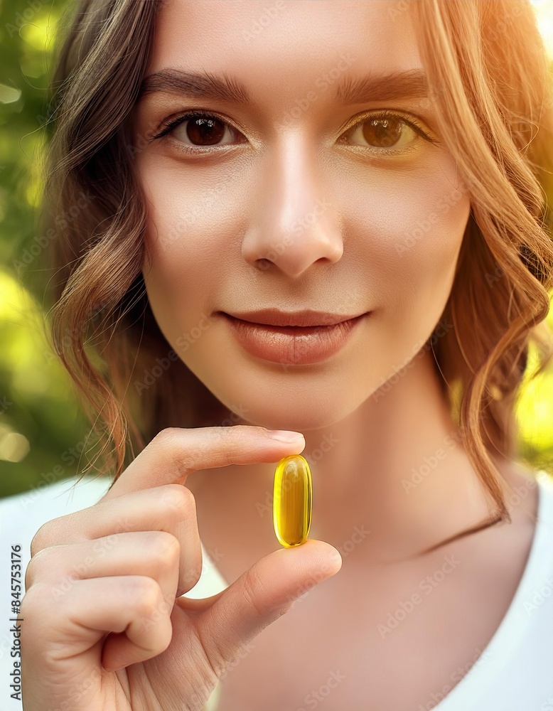 Yellow vitamin capsule in a woman's hand close-up Yellow vitamin capsule in a woman's hand close-up