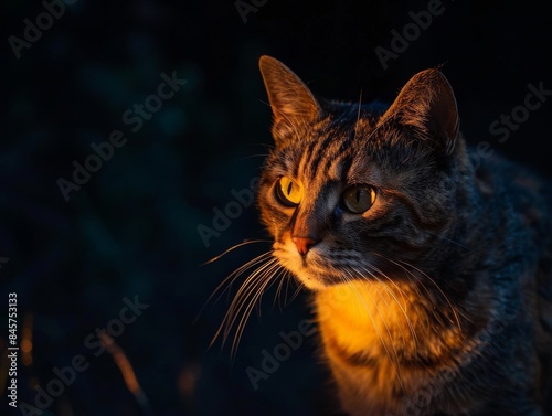 Cat portrait in dramatic lighting: intense yellow from above, soft blue gradient backdrop. Mystical, glossy lens effect, high contrast, star bokeh. © IQRAMULSHANTO