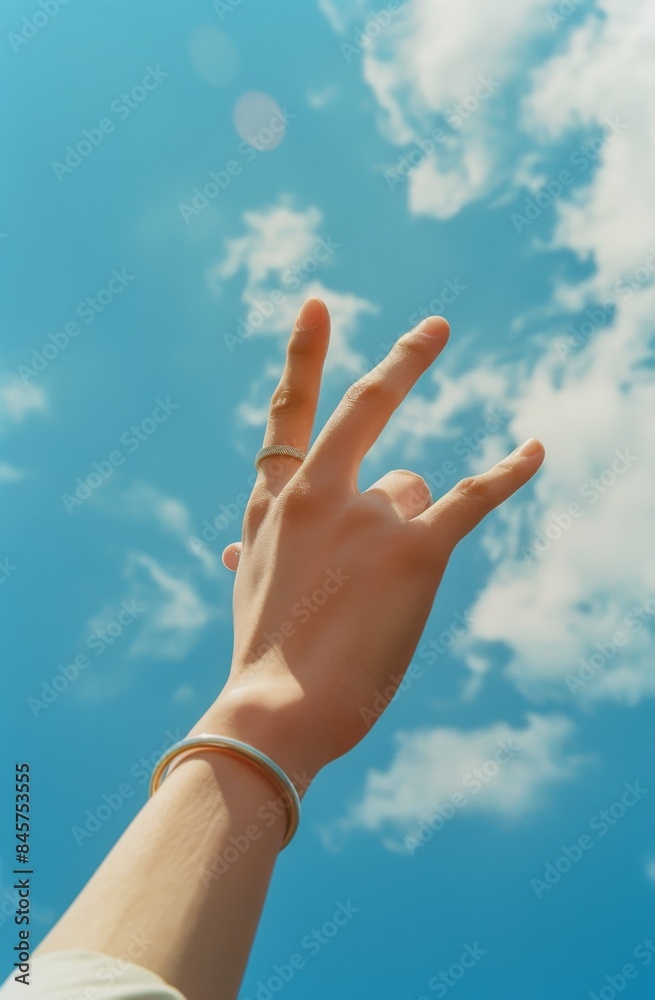 Hand with extended ring finger, adorned with elegant silver bracelet, against sky background. Medium shot with vintage grainy texture, editorial fashion magazine style. Hand with extended ring finger, adorned with elegant silver bracelet, against sky background. Medium shot with vintage grainy texture, editorial fashion magazine style.