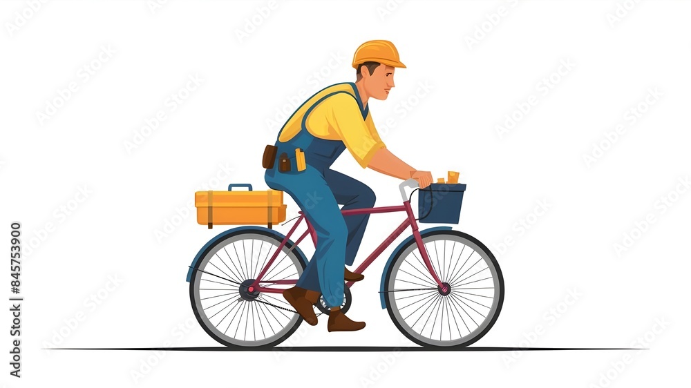 Worker riding a bicycle. Male builder and bike, toolbox. Vector illustration isolated on white background Worker riding a bicycle. Male builder and bike, toolbox. Vector illustration isolated on white background