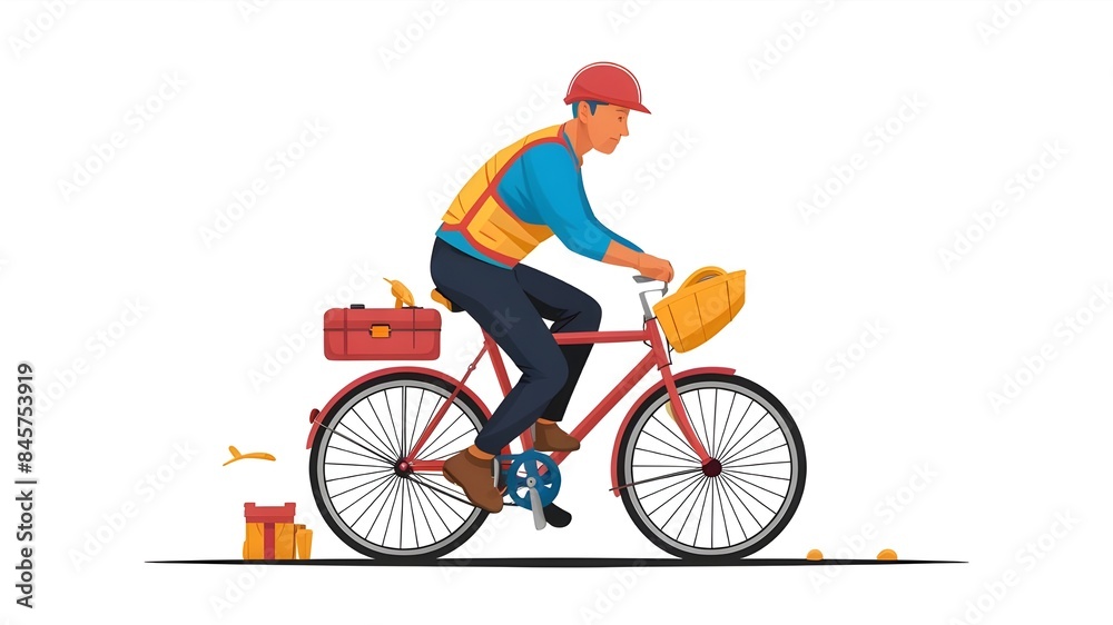 Fototapeta premium Construction Worker Biking with Tools Vector Art on white background