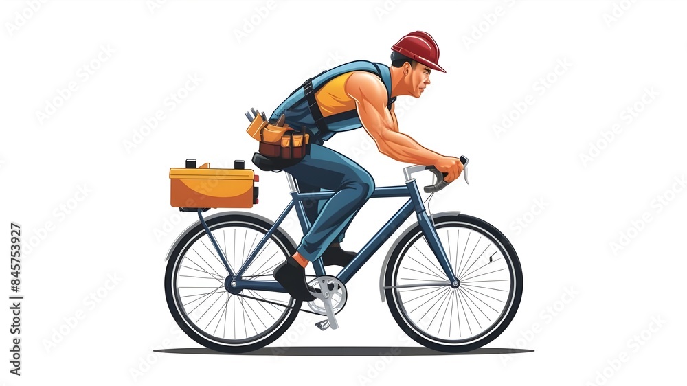 Obraz premium Construction Worker Biking with Tools Vector Art on white background