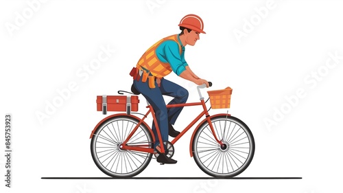 Worker riding a bicycle. Male builder and bike, toolbox. Vector illustration isolated on white background © Lale