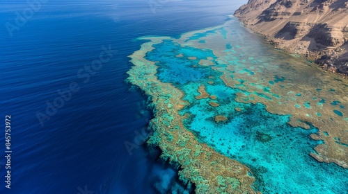 Aerial view of turquoise sea with vibrant coral reefs  showcasing beauty and marine life diversity along cliffs.