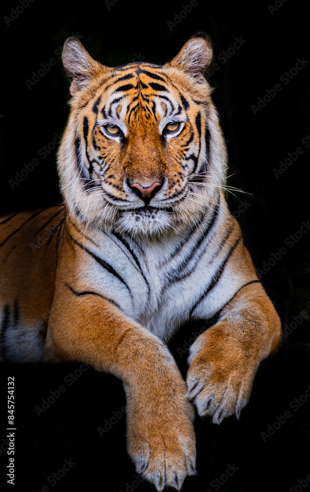 The tiger is in a reclining position on a black background. The tiger is in a reclining position on a black background.