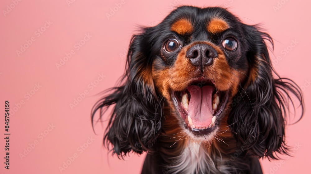 Cavalier King Charles Spaniel, angry dog baring its teeth, studio lighting pastel background Cavalier King Charles Spaniel, angry dog baring its teeth, studio lighting pastel background