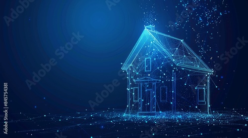 An abstract polygonal light design of a house building symbolizes business in a low poly wireframe mesh featuring flying debris representing the real estate concept in a blue lines and