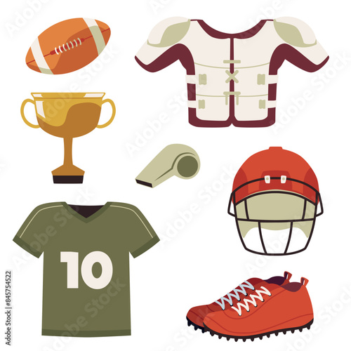 College football equipment and uniform vector cartoon set, sport professional protective helmet, winner's cup ball shoes