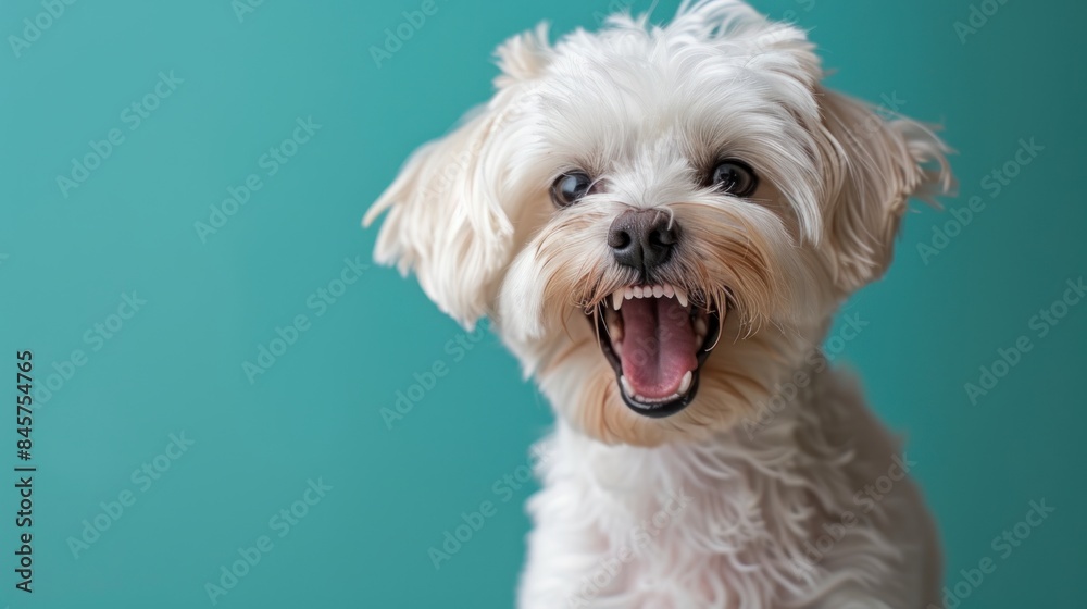 Maltese, angry dog baring its teeth, studio lighting pastel background Maltese, angry dog baring its teeth, studio lighting pastel background