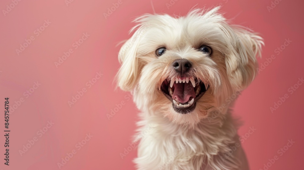Maltese, angry dog baring its teeth, studio lighting pastel background Maltese, angry dog baring its teeth, studio lighting pastel background