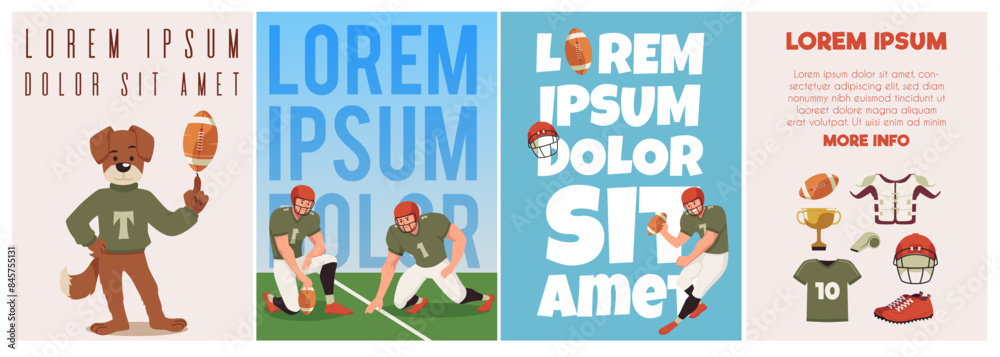 Vector posters of American football featuring players in action, professional equipment and the team mascot