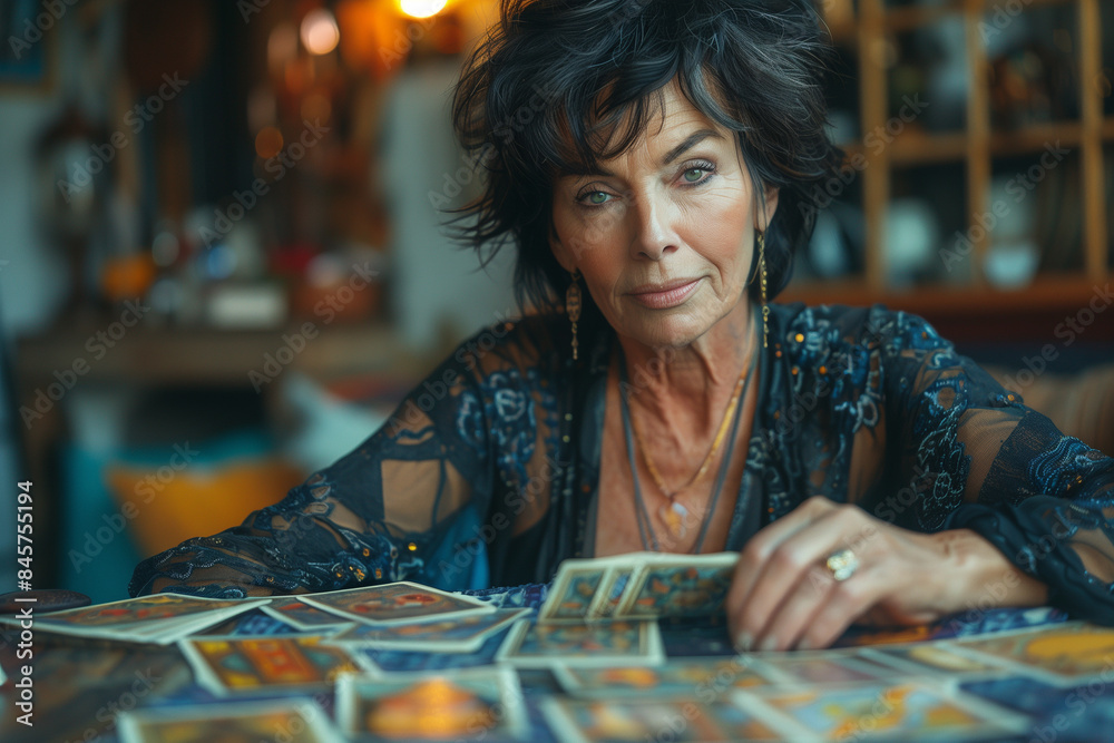 Fototapeta premium Old woman fortune teller with dark long hair sitting at the table with taro card deck.