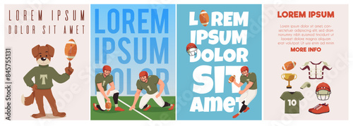Vector posters of American football featuring players in action, professional equipment and the team mascot