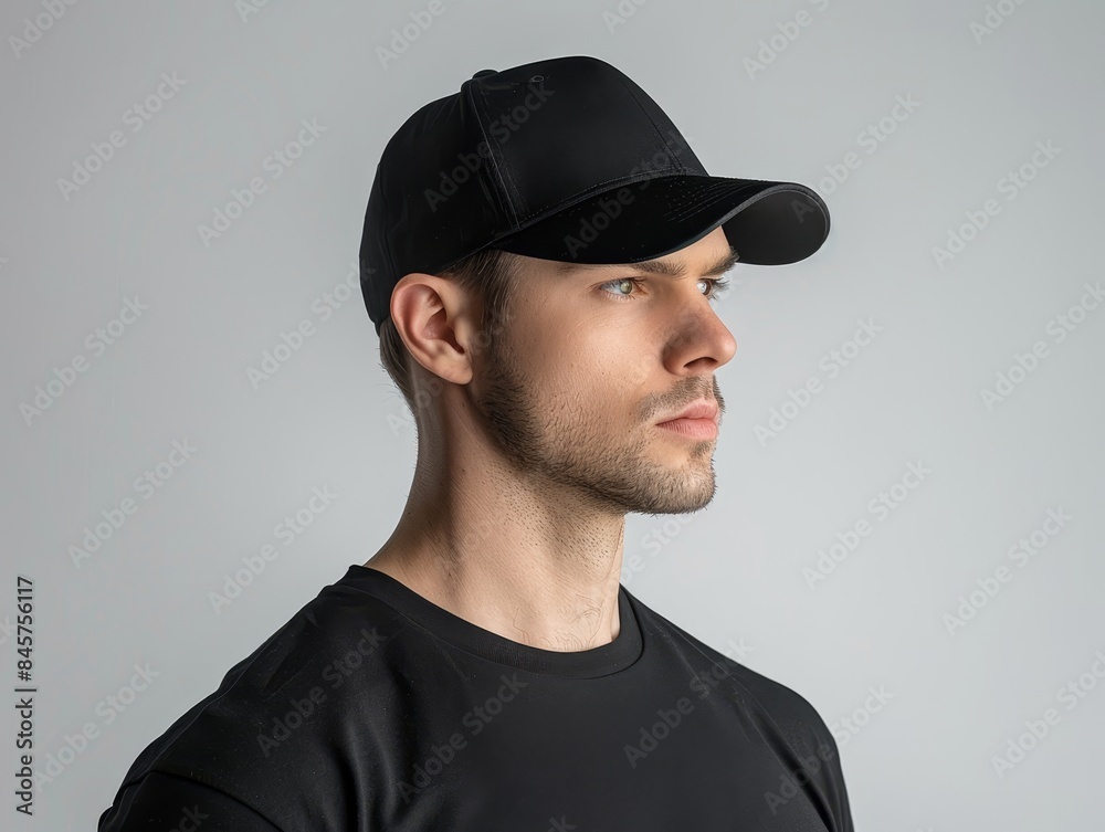 Portrait of a man wearing a black baseball cap and a black shirt captured in a studio setting The neutral background. Ideal for fashion Mockups and apparel promotions Portrait of a man wearing a black baseball cap and a black shirt captured in a studio setting The neutral background. Ideal for fashion Mockups and apparel promotions