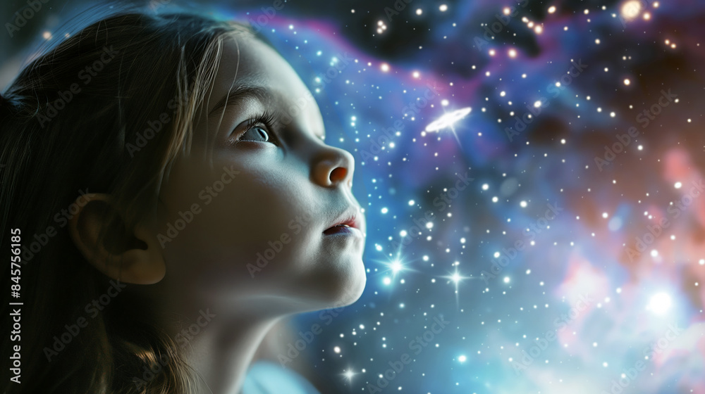 Portrait of little girl dreaming of seeing space and galaxies, as reflection of child mental health.Magic of traveling in Galaxy.Selective focus.Closeup.Generative AI Portrait of little girl dreaming of seeing space and galaxies, as reflection of child mental health.Magic of traveling in Galaxy.Selective focus.Closeup.Generative AI