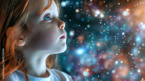 Portrait of little girl dreaming of seeing space and galaxies, as reflection of child mental health.Magic of traveling in Galaxy.Selective focus.Closeup.Generative AI