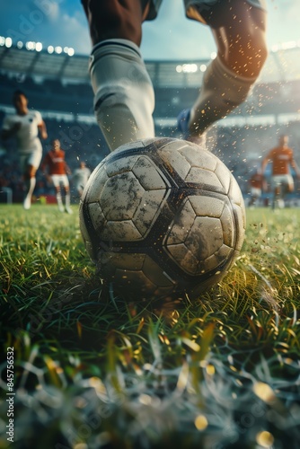 Detail of a soccer ball being kicked by a soccer player in a very action scene, in a match on a grass field with bleachers full of fans and spotlights. More players can be seen in the background