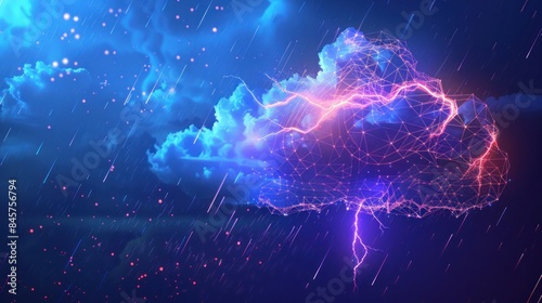 Wallpaper Mural Depicting a futuristic heavy storm concept glowing polygonal clouds lightning and rain showers stand out against a dark blue background in a modern wireframe mesh design vector Torontodigital.ca
