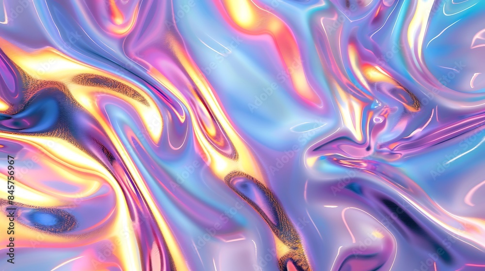 Fototapeta premium Abstract background iridescent holographic foil metallic texture ultraviolet wavy wallpaper fluid ripples liquid metal surface