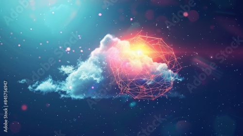 Depicting a hologram of the weather the cloud and the sun are composed of polygons triangles points and lines representing weather in a lowpoly compound structure in a technology