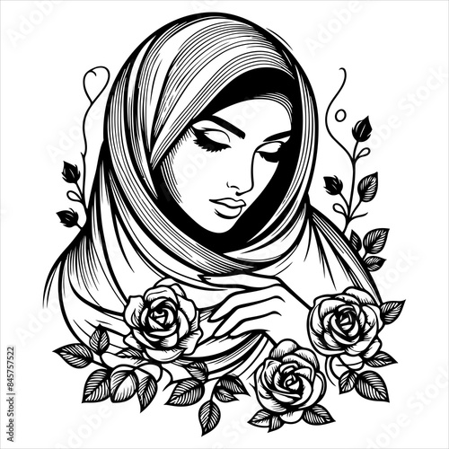 Muslim woman in hijab black outline illustration.