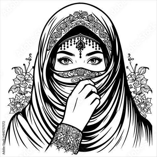 Muslim woman in hijab black outline illustration.