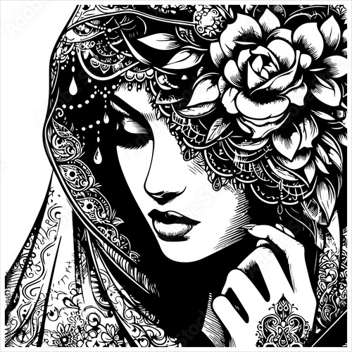 Muslim woman in hijab black outline illustration.