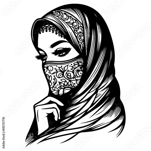 Muslim woman in hijab black outline illustration.