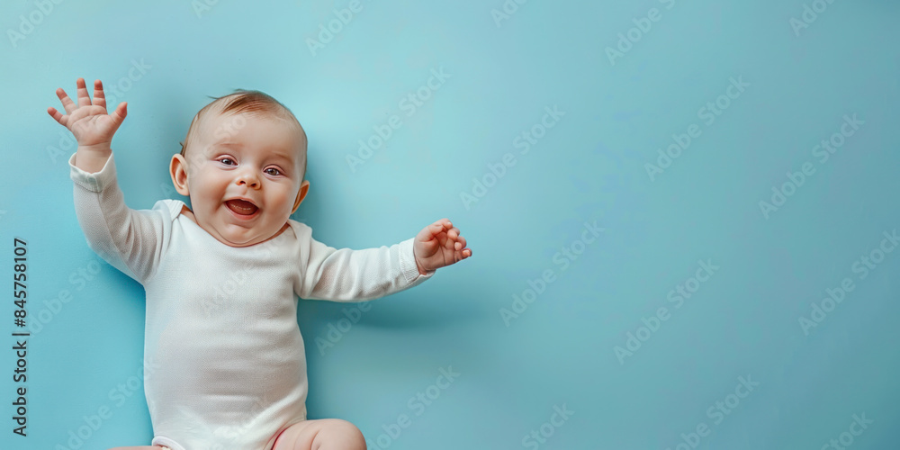 Banner with a cheerful baby in a white bodsuit lies against a light blue background, smiling and waving with both hands. Copyspace for your text Banner with a cheerful baby in a white bodsuit lies against a light blue background, smiling and waving with both hands. Copyspace for your text