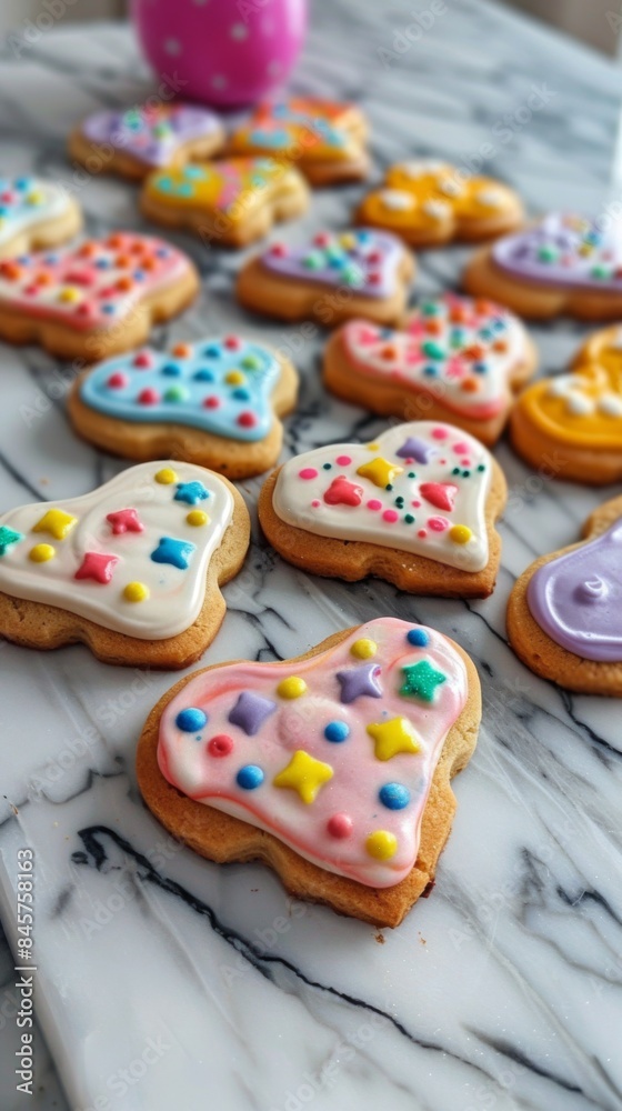 Many cookies decorated with icing, food background Many cookies decorated with icing, food background