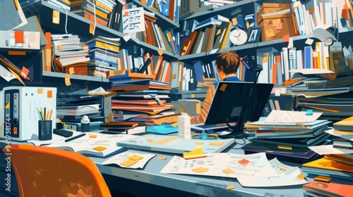 A busy office worker sits at a desk surrounded by stacks of papers, books, and other office supplies. The desk is cluttered and disorganized, and the worker appears to be overwhelmed.