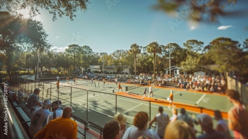 Diverse Players Engage in a Spirited Pickleball Tournament at a Sunny Outdoor Court, Energetic Crowd Watching