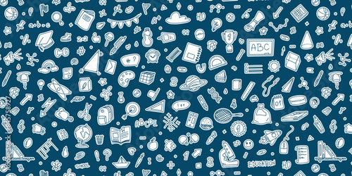 Back to school sticker pattern. Vector graphic with elements of school, stationery, notebooks, magnifying glass, backpack, pen and more. The concept of pattern education for textiles and paper.