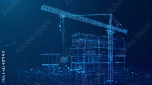 Fototapeta Naklejka Na Ścianę i Meble -  The building work process is illustrated with construction equipment against a dark blue background featuring a high tower crane holding a slab symbolizing building construction in an