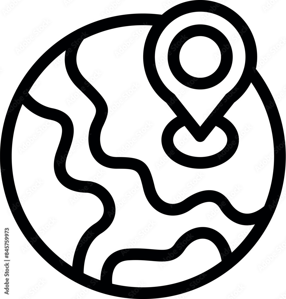 Simple icon of a world map with a location pin, representing worldwide travel and global business Simple icon of a world map with a location pin, representing worldwide travel and global business