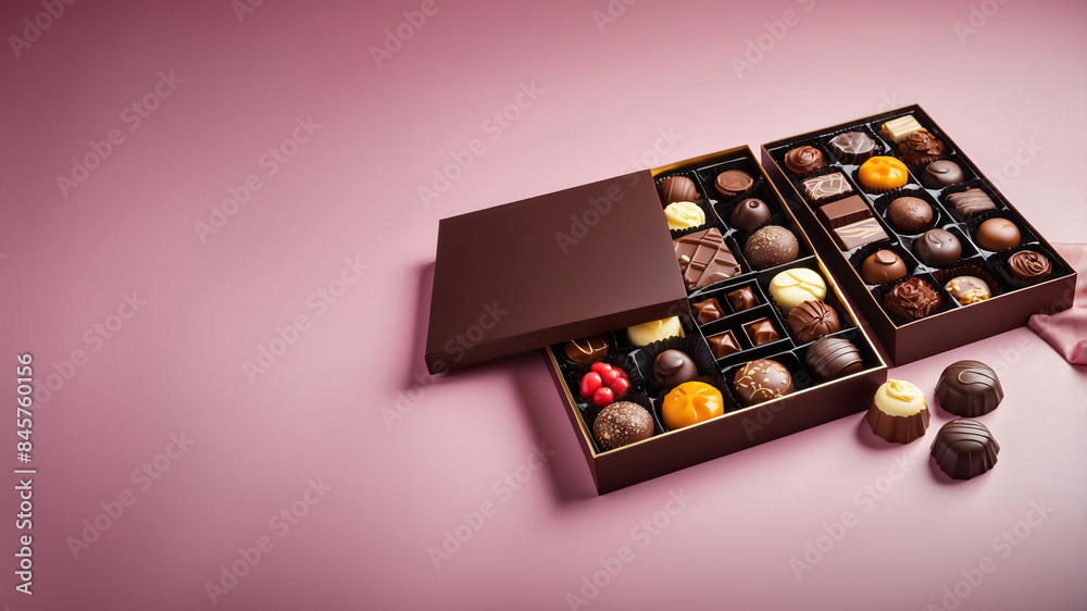 Elegant Background with Open Gift Box of Assorted Chocolates: Pralines, Truffles, Bonbons with Intricate Designs, Glossy Finishes, Luxurious Ribbon, Text Space, Generative AIes) Elegant Background with Open Gift Box of Assorted Chocolates: Pralines, Truffles, Bonbons with Intricate Designs, Glossy Finishes, Luxurious Ribbon, Text Space, Generative AIes)