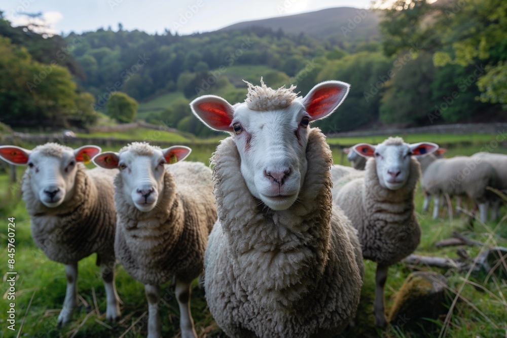 A flock of sheep, white with short wool and pink ears, looking at the camera in a picturesque springtime countryside landscape bathed in sunlight. A flock of sheep, white with short wool and pink ears, looking at the camera in a picturesque springtime countryside landscape bathed in sunlight.