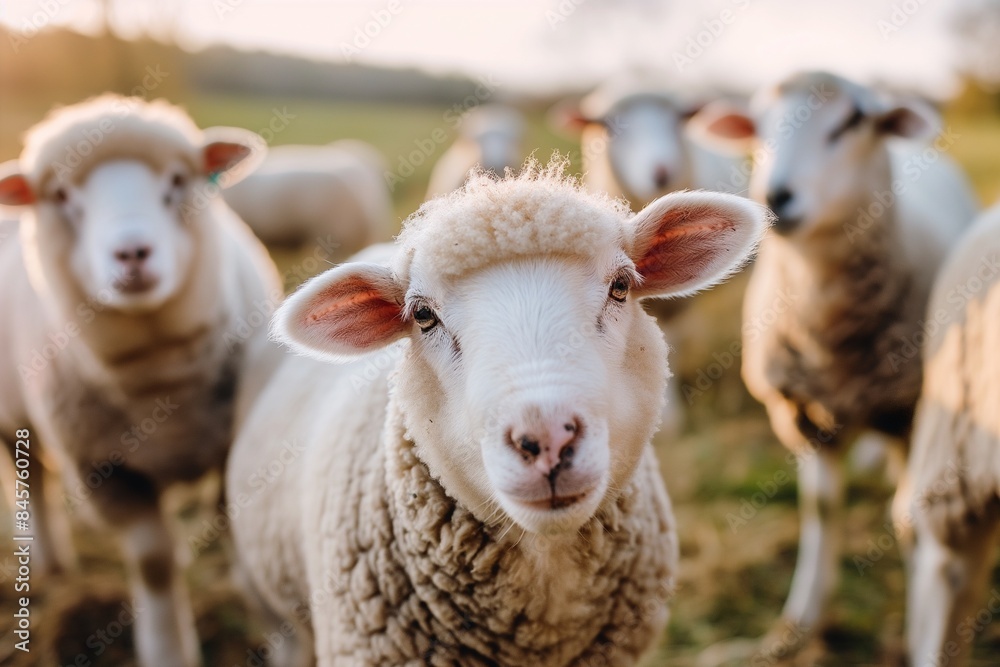 A flock of sheep, white with short wool and pink ears, looking at the camera in a picturesque springtime countryside landscape bathed in sunlight. A flock of sheep, white with short wool and pink ears, looking at the camera in a picturesque springtime countryside landscape bathed in sunlight.