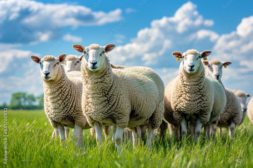 Obraz premium A flock of sheep, white with short wool and pink ears, looking at the camera in a picturesque springtime countryside landscape bathed in sunlight.