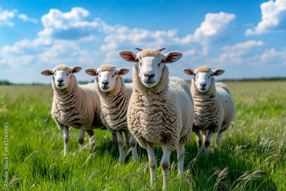 A flock of sheep, white with short wool and pink ears, looking at the camera in a picturesque springtime countryside landscape bathed in sunlight. A flock of sheep, white with short wool and pink ears, looking at the camera in a picturesque springtime countryside landscape bathed in sunlight.