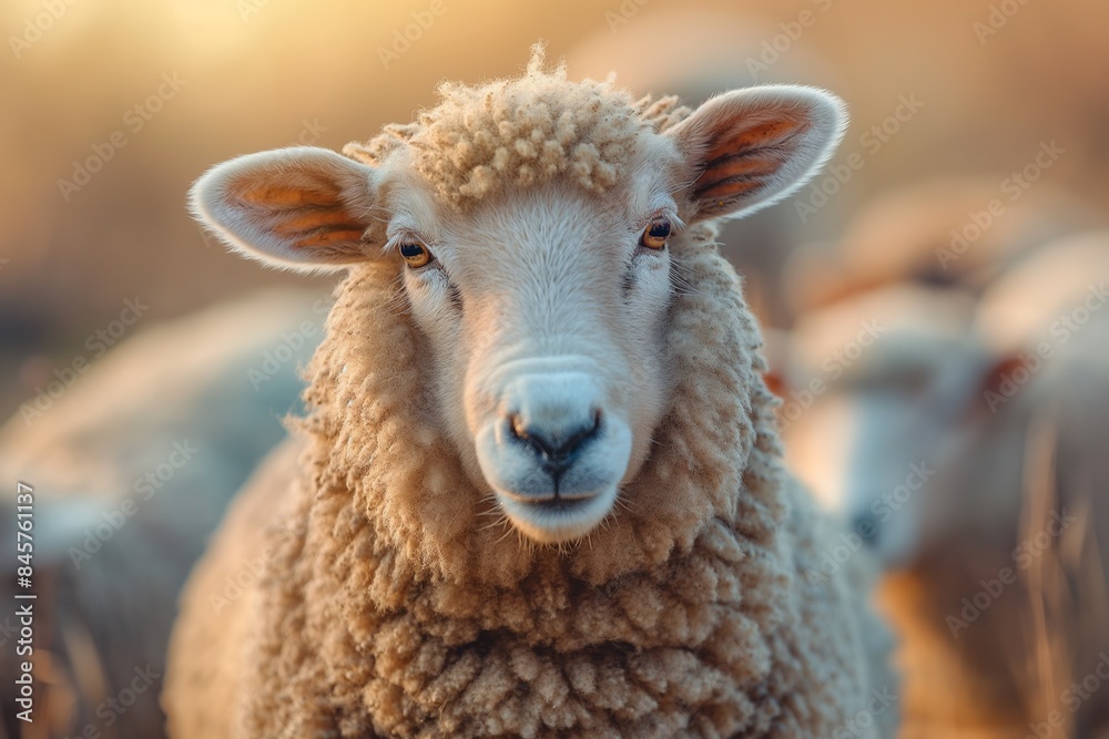 A flock of sheep, white with short wool and pink ears, looking at the camera in a picturesque springtime countryside landscape bathed in sunlight. A flock of sheep, white with short wool and pink ears, looking at the camera in a picturesque springtime countryside landscape bathed in sunlight.