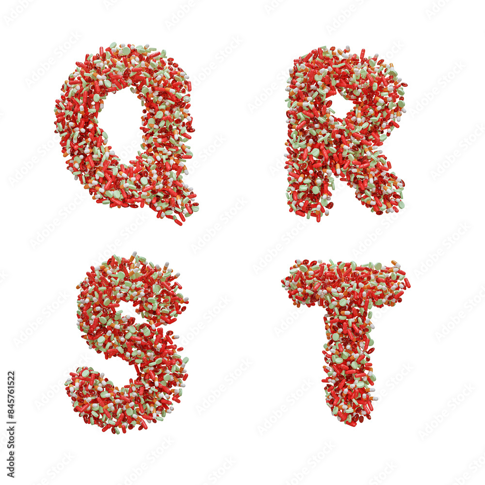 3d rendering of Medical pill capital letter alphabet - letters Q-T 3d rendering of Medical pill capital letter alphabet - letters Q-T