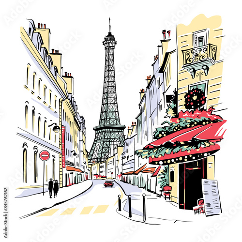 Vector illustration of Paris street with street cafe and Eiffel Tower in background, Paris, France