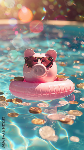 Un objet tirelire en porcelaine rose portant des lunettes de soleil, flottant sur une bouée dans une piscine remplie de pièces de monnaie