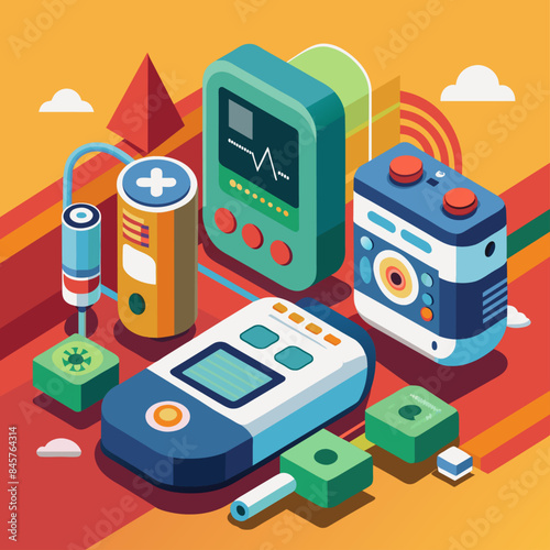 Smart insulin pumps for diabetics. Integrated healthcare technology. Better diabetes management. Low poly vector illustration with 3D effect on patient care background.